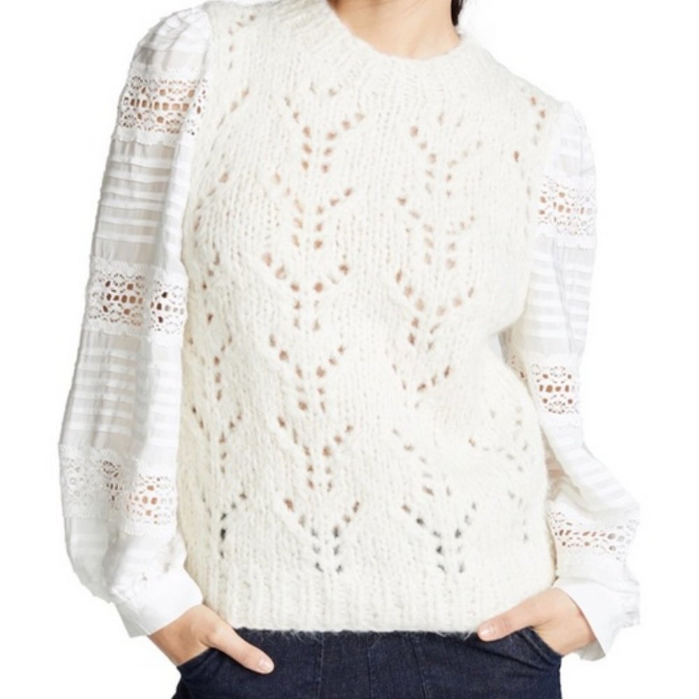Sea New York Ellie Combo Sweater Cable Knit Puff Lace Sleeves Cream Alpaca Wool